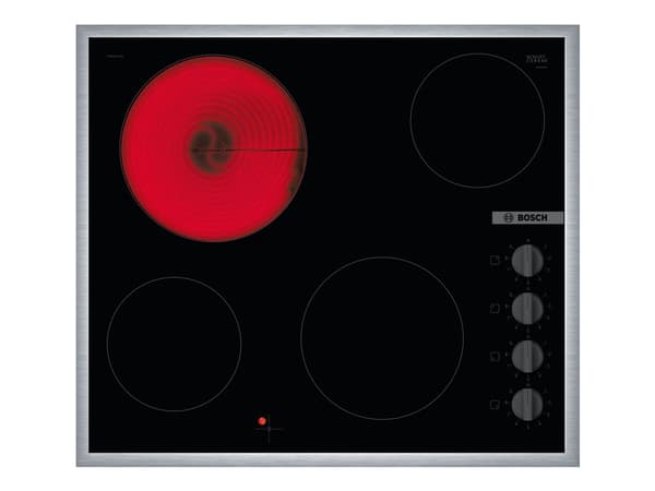Bosch Serie | 2 PKE645CA2E - Keramisk komfyrtopp - 4 plater - Nisje - bredde: 56 cm - dybde: 49 cm - med pynt av rustfritt stål - svart/rustfritt stå Sort, Rustfritt stål