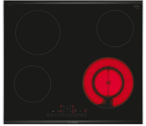 Bosch Serie | 6 PKF675FP2E - Keramisk häll - 4 kokplattor - Fördjupning - bredd: 56 cm - djup: 49 cm - med kanter i rostfritt stål - svart