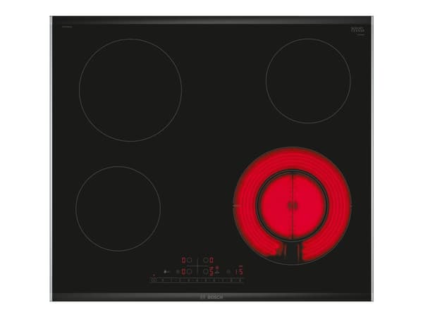 Bosch Serie | 6 PKF675FP2E - Keramisk häll - 4 kokplattor - Fördjupning - bredd: 56 cm - djup: 49 cm - med kanter i rostfritt stål - svart Svart