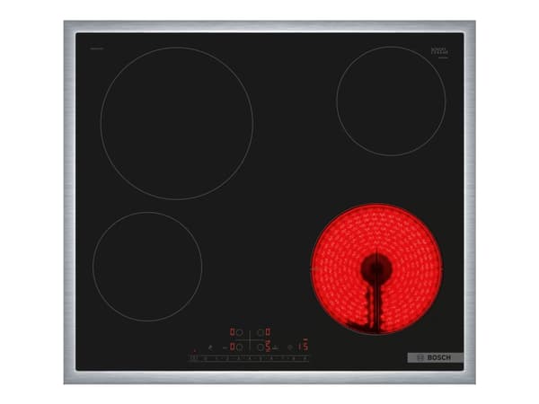 Bosch Serie | 6 PKE645FP2E - Keramisk komfyrtopp - 4 plater - Nisje - bredde: 56 cm - dybde: 49 cm - med pynt av rustfritt stål - svart/rustfritt stå