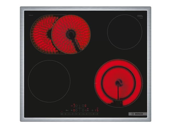 Bosch Serie | 6 PKN645FP2E - Keramisk komfyrtopp - 4 plater - Nisje - bredde: 56 cm - dybde: 49 cm - med pynt av rustfritt stål - svart Sort