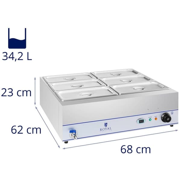 Royal Catering Bain Marie - 2000 W - 6 x 1/3 GN-behållare - med tappkran