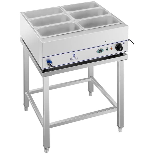 Royal Catering Bain marie - 2000 W - 6 x 1/3 GN-behållare - Med underrede och tappkran