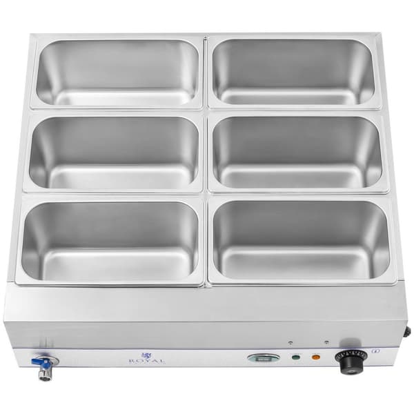 Royal Catering Bain marie - 2000 W - 6 x 1/3 GN-behållare - Med underrede och tappkran
