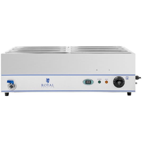 Royal Catering Bain marie - 2000 W - 6 x 1/3 GN-behållare - Med underrede och tappkran