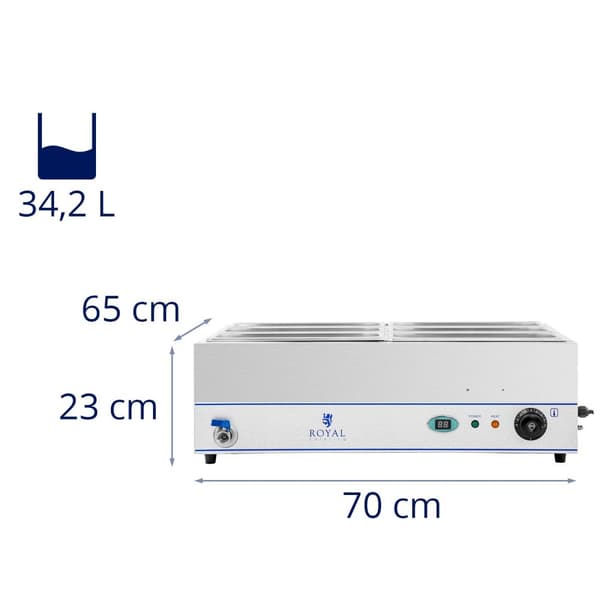 Royal Catering Bain marie - 2000 W - 6 x 1/3 GN-behållare - Med underrede och tappkran