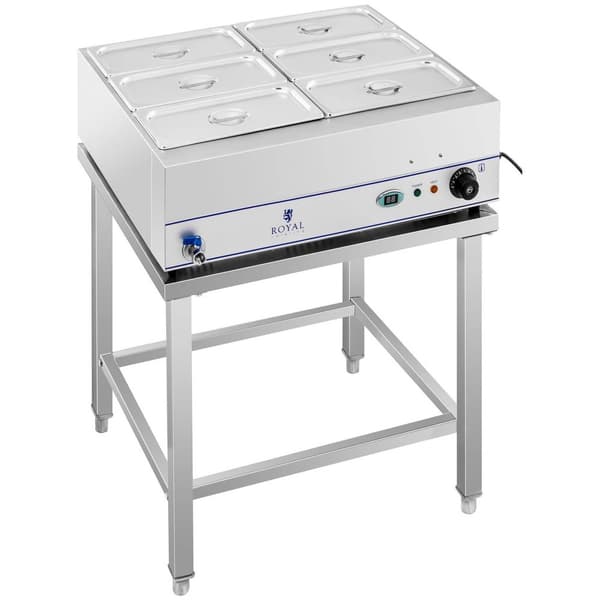 Royal Catering Bain marie - 2000 W - 6 x 1/3 GN-behållare - Med underrede och tappkran