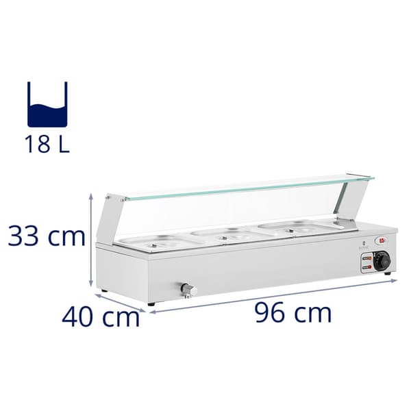 Royal Catering Bain marie - 2000 W - 3 GN 1/2 - Tappkran - Glasskydd