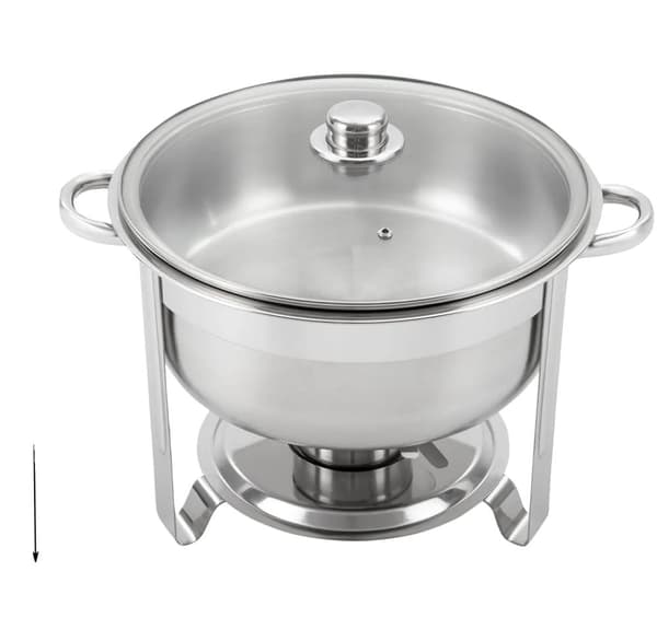 Rund Chafing Dish, 8,5L Kapacitet, Rustfrit Stål Konstruktion, Glaslåg Inkluderet,Sølv