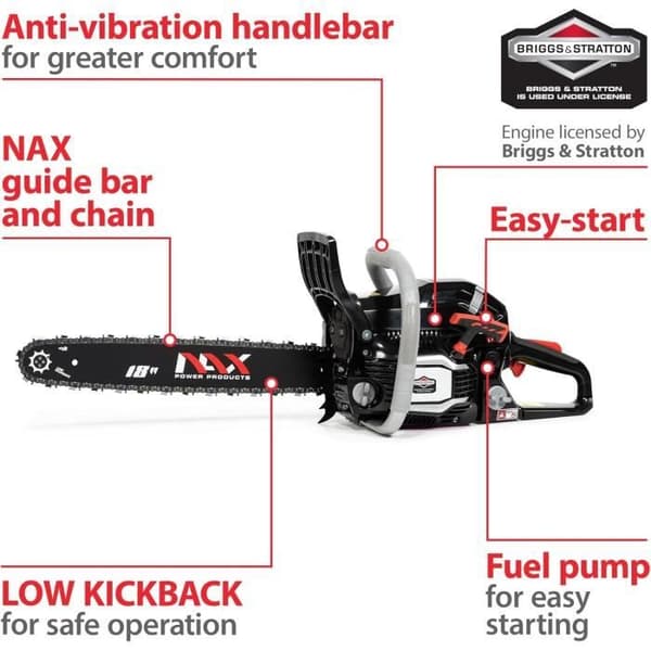 Termisk motorsåg NAX 400C motor 51,5 cm3 1,8 kW Briggs Stratton producerad under licens med 18 45 cm svärdssystem, anti-kickback.