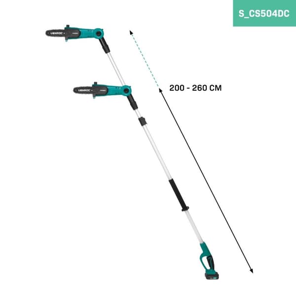 VONROC 20V Teleskopisk Motorsåg – Sladdlös Kedjesåg med Vinklingsbart Blad och Utdragbar Stång (160-225 cm), Batteri och Laddare Ingår