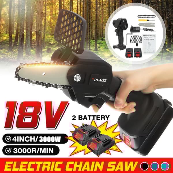 3000W batteri motorsav 4'' motorkædesav 18V mini enhåndssav med 2 batterier, sort