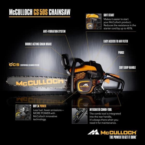 MCCULLOCH Bensinmotorsåg - CS50S - 1800W - 43 cm - SoftStart - 0,3L tank