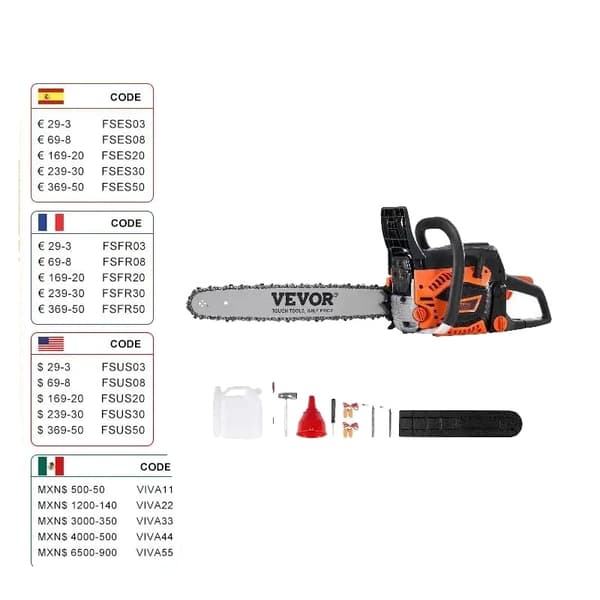 VEVOR Gas Motorsav, 52CC Motor, 18" Skærebar, Letvægtsdesign,18 tommer 52cc