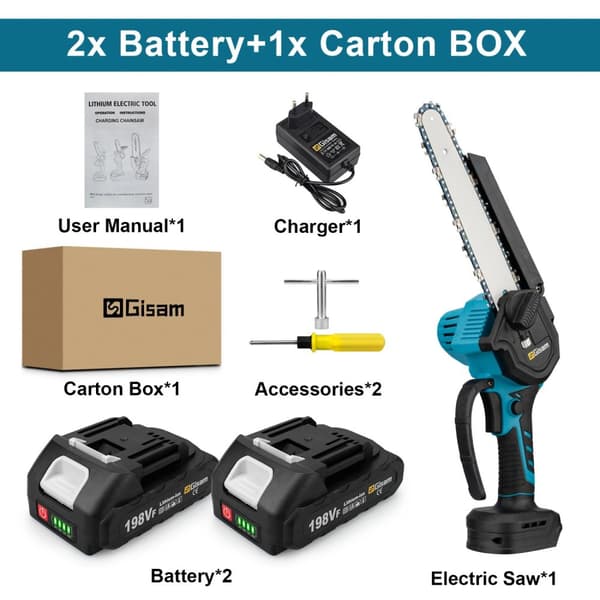 Trådlös elektrisk motorsåg, borstlös motor, 8-tums guidplatta, 2 batterier ingår,2 Batteri