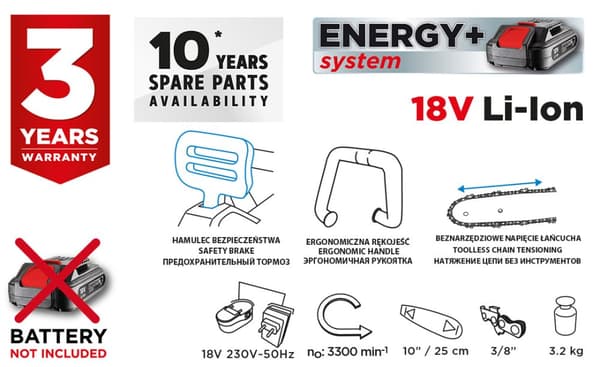 Energy+ 18V Li-Ion batteri motorsav, 10" (250 mm) stang, uden batteri
