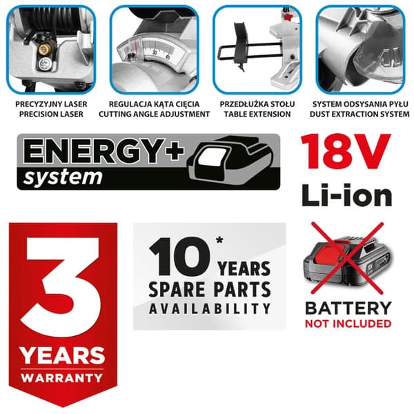 Energy+ 18V Li-Ion geringssav, 210 x 30 mm klinge, 3000 rpm, uden batteri