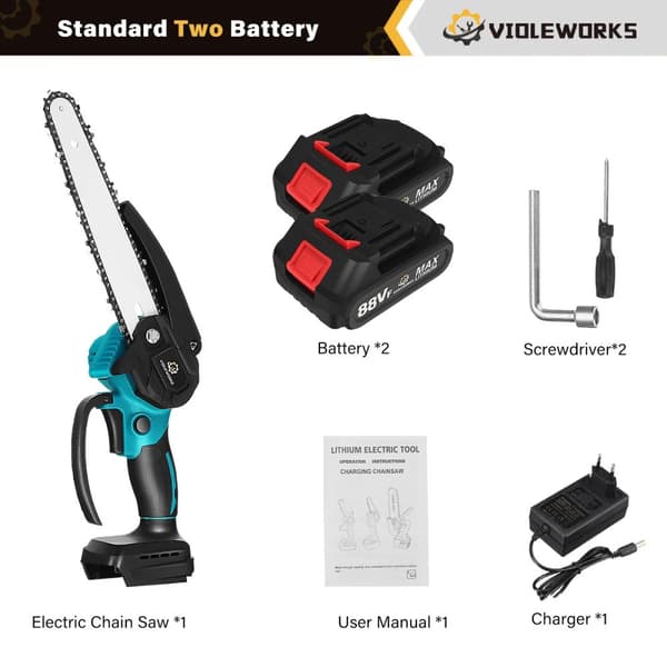 Elektrisk kædesav, 3000W effekt, 8 tommer guideplade,EU, 2 Batteri 1 Kæde