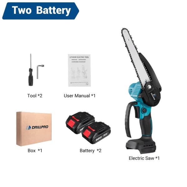 Drillpro Elektrisk Motorsav, Børsteløs Motor, 8-Tommer Guideplade,2 batteri