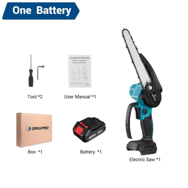 Drillpro Elektrisk Motorsav, Børsteløs Motor, 8-Tommer Guideplade,1 batteri