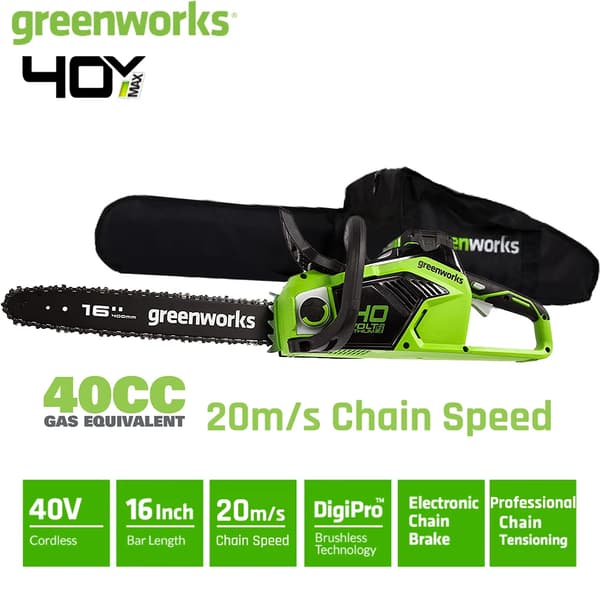 Greenworks Harjaton Moottorisaha, 40V Akulla Toimiva, 16-Tuumainen Ketjun Pituus,16 tuumaa, akku