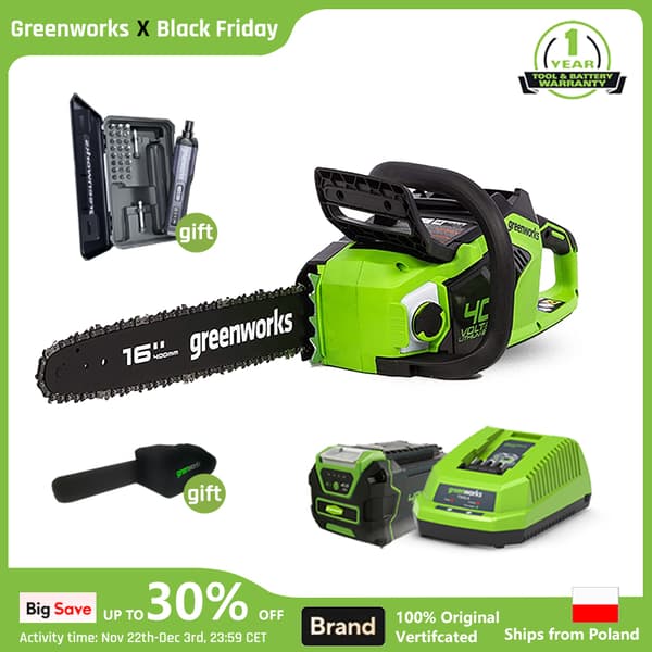Greenworks Harjaton Moottorisaha, 40V Akulla Toimiva, 16-Tuumainen Ketjun Pituus,16 tuumaa, akku
