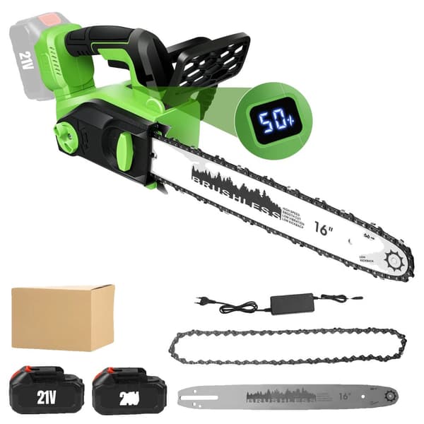 16 Tommer Børsteløs Elektrisk Motorsav, 2200W Effekt, Langtidsholdbar 4000mAh Batteri,2 Batterier 1 Oplader, EU