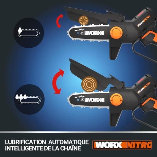 Grensåg - WORX - Nitro - Mini Kettensåg 20V - Borstlös Motor - Automatisk Smörjning - 12 cm