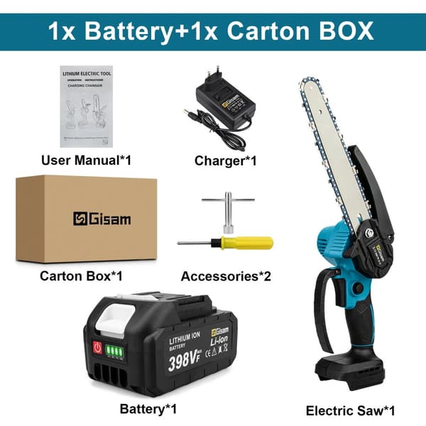 Elektrisk Kedjesåg, Borstlös Motor, 18V Effekt,1 Batteri 1 Laddare