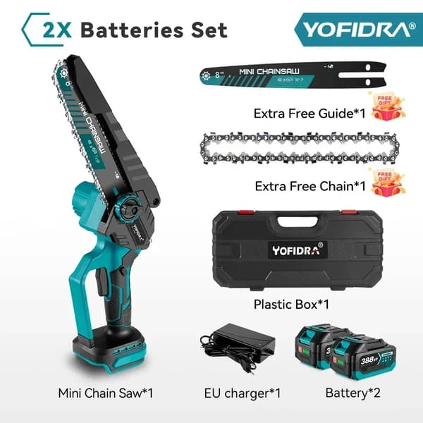 YOFIDRA Mini Motorsav, 8-tommer bladdiameter, 3500W børsteløs motor,2Batteri Plastkasse