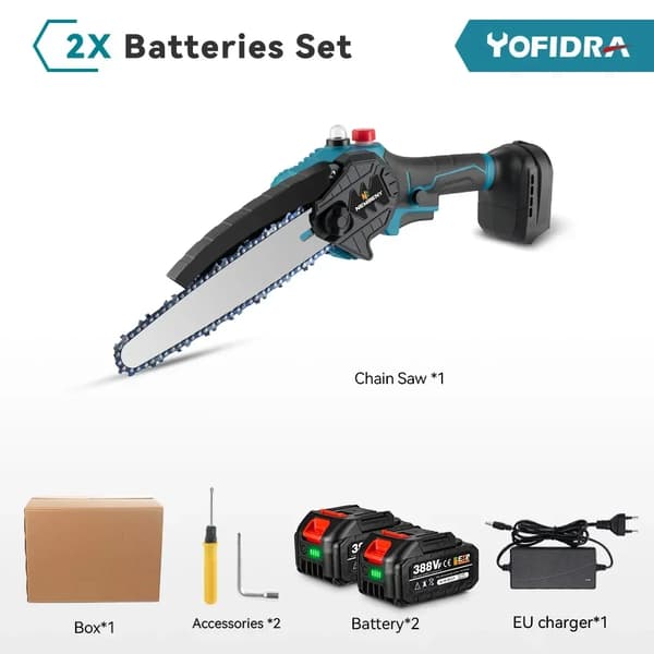 Elektrisk kædesav, børsteløs motor, automatisk smøresystem,2 Batteri EU Stik, EU