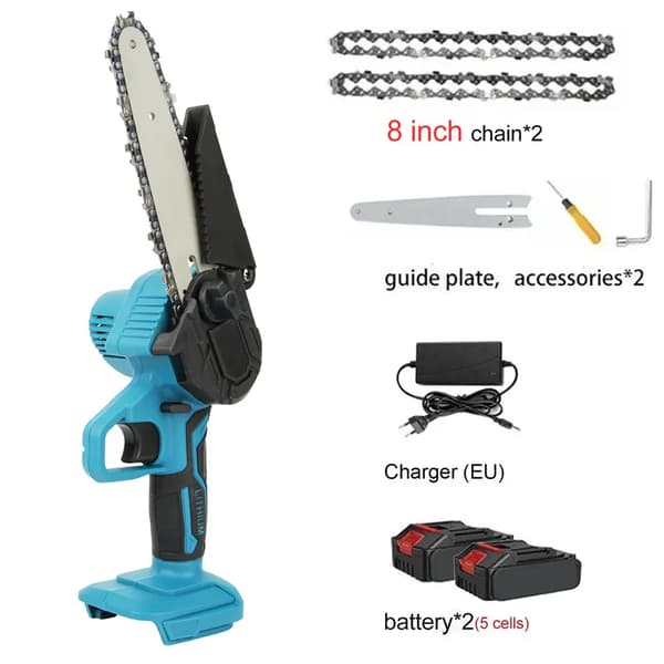 Mini elektrisk kædesav, 6-tommer/8-tommer kæde muligheder, letvægtsdesign,EU, 8 tommer 2 batteri