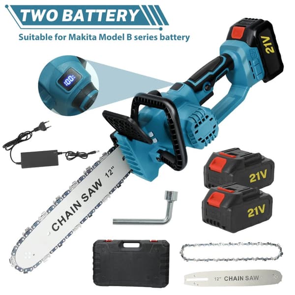 12 Tommer Elektrisk Kædesav, Høj Effekt 2200W, Hurtig Hastighed 20000RPM,2*batteri