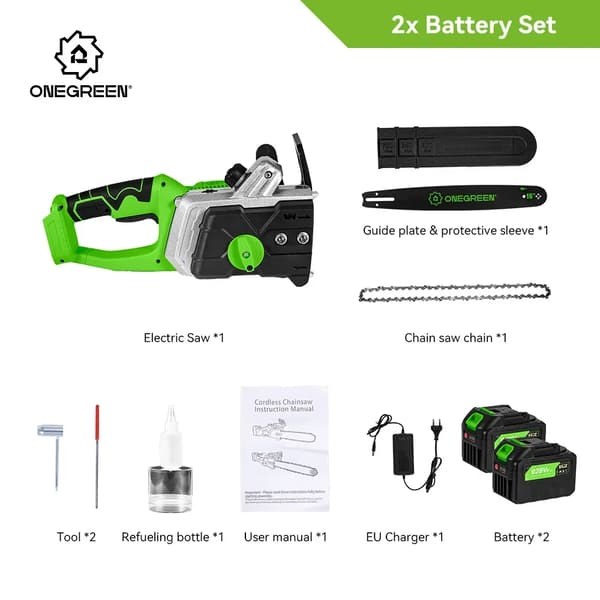 Elektrisk Motorsav, 8000W Børsteløs Motor, 16 Tommer Guideplade,2 batteri EU-stik