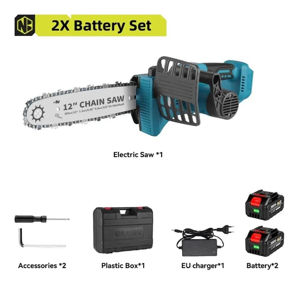 12 Tommer Elektrisk Motorsav, Børsteløs Motor, Højhastighedsskæring,2 batteri EU-stik