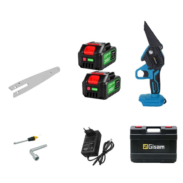 Trådløs kædesav, 18V strøm, inkluderer 2 batterier, kompakt design,Blå 2 batteri