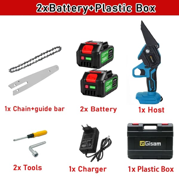 Gisam Motorsav, 6 Tommer Klinge, 18V Batteridrevet,Blå 2 batteri