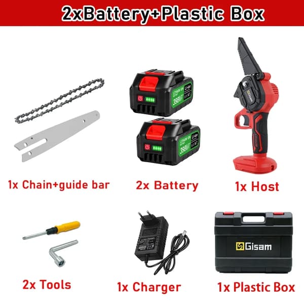 Gisam Motorsav, 6 Tommer Klinge, 18V Batteridrevet,Rød 2 batteri