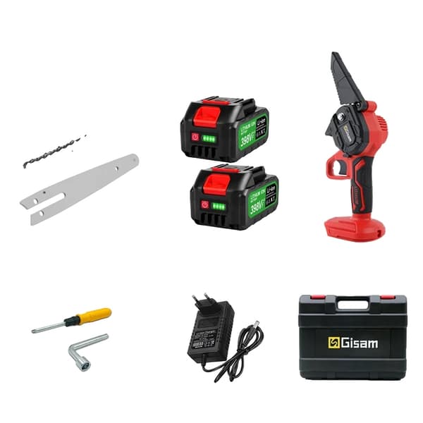 Gisam Motorsav, 6 Tommer Klinge, 18V Batteridrevet,Rød 2 batteri