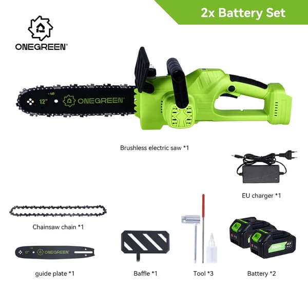 Elektrisk Motorsav, 12 Tommer, Børsteløs Motor, Inkluderer Batterier,2 Batteri EU Stik
