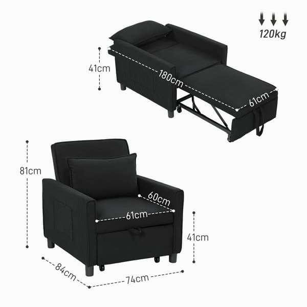 Sove Stol, 3-i-1, 74x84x81 cm, Sort