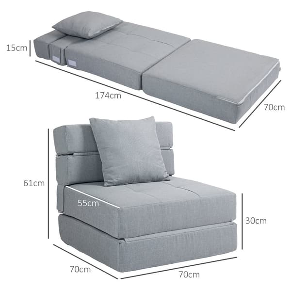 Sammenklappelig Lænestol, 70x70x61 cm (Sofa), 70x174x15 cm (Seng), Lys Grå