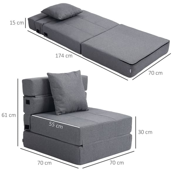 Sovstol, 2-i-1, 70x70x61 cm (Soffa), 70x174x15 cm (Säng), Mörkgrå