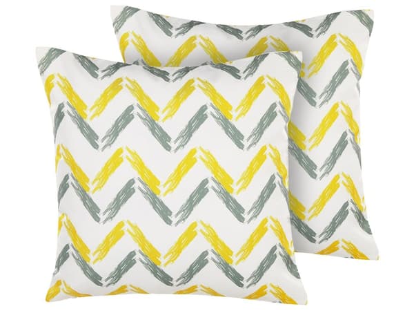 Set av 2 Trädgårdskuddar Gul och Grå Flerfärgad Polyester Chevron Mönster 45 d 45 cm Modern Utomhus Dekoration Vattenbeständig