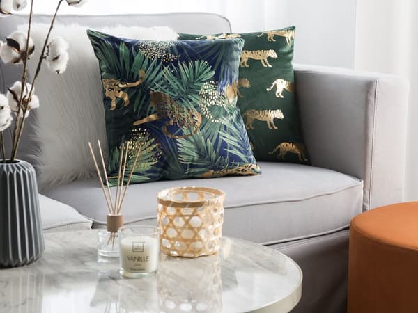 Set med 2 prydnadskuddar Grön Sammet Palmblad Blommönster 45 x 45 cm Djurfolietryck Modern Retro Dekoration Tillbehör