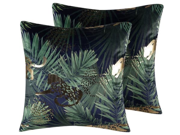 Set med 2 prydnadskuddar Grön Sammet Palmblad Blommönster 45 x 45 cm Djurfolietryck Modern Retro Dekoration Tillbehör