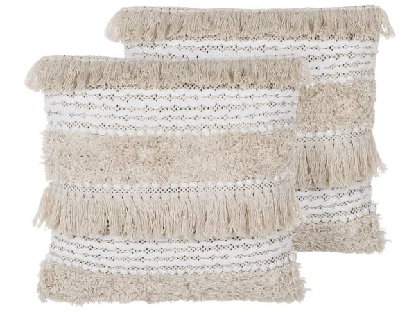 Set med 2 prydnadskuddar Beige 45 x 45 cm med tofsar Randigt mönster Boho Retro Dekor Tillbehör