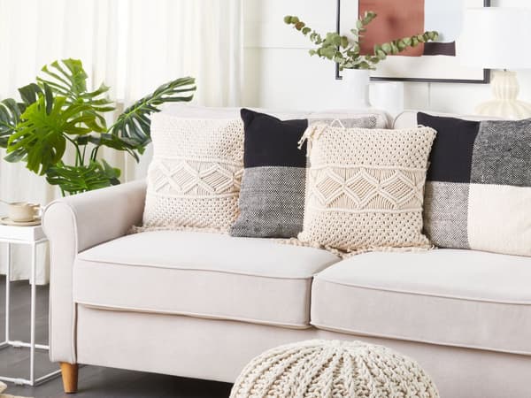 2 st Dekorationskuddar Beige Bomull Macrame 40 x 45 cm med Tofsar Rep Boho Retro Dekor Tillbehör