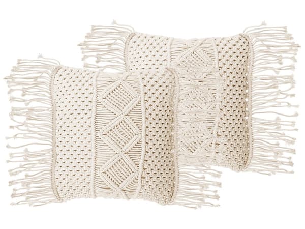 2 st Dekorationskuddar Beige Bomull Macrame 40 x 45 cm med Tofsar Rep Boho Retro Dekor Tillbehör