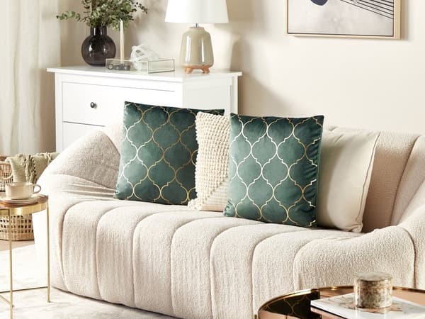 Set med 2 Prydnadskuddar Sammet Grön Quatrefoil Mönster 45 x 45 cm Folietryck Marockansk Klöver Glamour